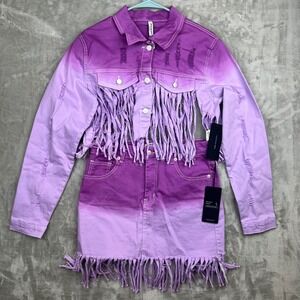 American Bazi Purple Ombre Denim Fringe Jacket and Skirt Set Womens L